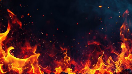 Fototapete - Close up of vibrant flames and glowing embers in a dark background ideal for text overlay and graphic design projects.