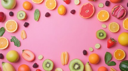 Leinwandbilder - Vibrant Arrangement of Fresh Colorful Fruits and Vegetables on Pink Background with Blank Space for Copy or Text