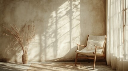 Poster - Rustic minimalist interior with wooden chair soft textiles and natural light creating a serene atmosphere ideal for tranquil spaces