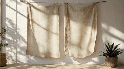 Leinwandbilder - Natural fabric banners draping against a wall with soft shadows and potted plants creating a serene and minimalist interior atmosphere