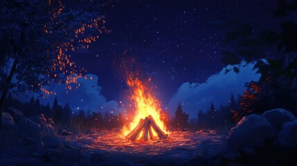 Leinwandbilder - Luminous bonfire casting a warm glow in a serene night landscape under a starry sky with trees and clouds.
