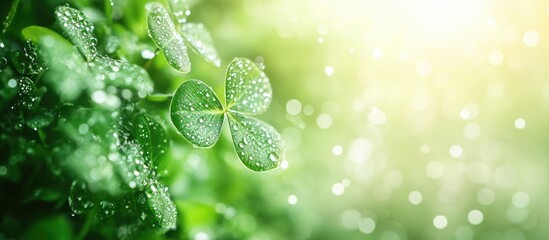 Poster - Four leaf clover with dew drops on a soft green background in spring featuring ample copy space for text or graphics