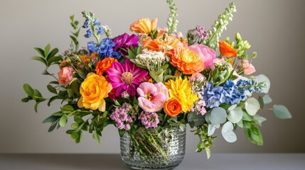 Fototapete - Colorful Spring Flower Bouquet in Glass Vase Displaying Bright Floral Arrangement and Fresh Greenery