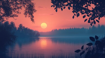 Aufkleber - Serene Sunset Reflection on Calm Lake Surrounded by Woodlands with Space for Text Overlay