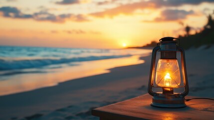 Aufkleber - Tranquil Beach Sunset with Illuminated Oil Lamp on Table and Serene Ocean Background for Text Space
