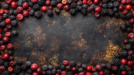 Leinwandbilder - Dried frozen berries arranged on a dark textured surface creating a natural frame with space for text or product presentation.