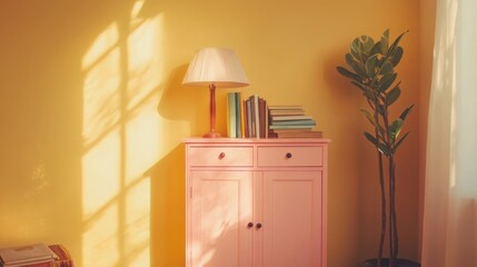 Aufkleber - Inviting corner with pastel pink cabinet books and lamp creating a tranquil atmosphere in a sunlit room with empty space for text or design
