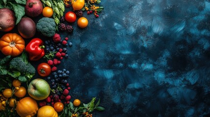 Poster - Colorful Assortment of Fresh Fruits and Vegetables on Dark Background with Space for Text or Design Elements