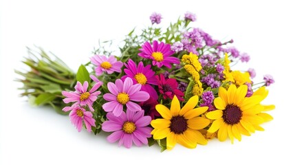 Aufkleber - Colorful wildflower bouquet arrangement on a white background showcasing a variety of blooms in bright hues and lush green foliage.