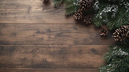 Canvas Print - Winter Dining Table Decor with Pinecones and Evergreen on Rustic Wooden Surface for Seasonal Text Placement