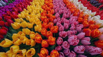 Aufkleber - Colorful array of fresh tulips in a vibrant spring garden showcasing a spectrum of hues from yellow to purple.