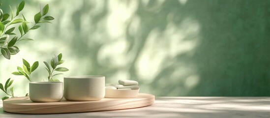 Leinwandbilder - Abstract Minimalist Podium with Spa Containers and Green Blurred Background for Relaxation and Wellness Copyspace Design