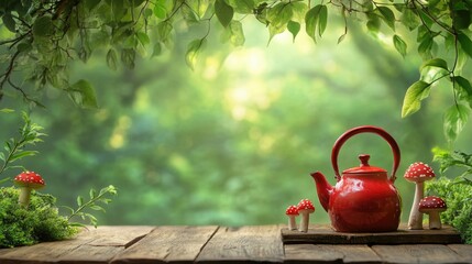 Poster - Tranquil nature scene featuring a red kettle and mushrooms on a wooden platform surrounded by lush greenery and ample space for text addition