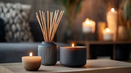 Poster - Relaxing Home Ambiance with Scented Candles and Diffuser in Cozy Living Room Setting