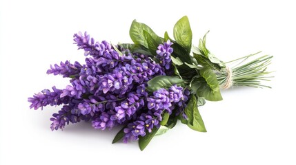 Aufkleber - Vibrant lavender bouquet with lush green leaves against a clean white background showcasing natural beauty and elegance in floral design