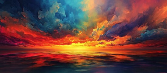 Fototapete - Vibrant sunset over calm water with dramatic clouds and ample space for text or design elements for promotional use