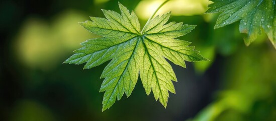 Poster - Vibrant green leaf with water droplets in macro detail against a soft blurred nature backdrop ideal for text overlay and nature themes