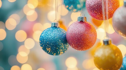 Aufkleber - Pastel toned bokeh background featuring multicolored sparkling ornaments creating a festive and captivating atmosphere.