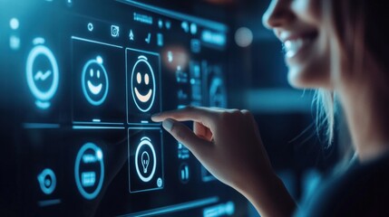 A person pressing a happy face on a touch screen for satisfaction feedback