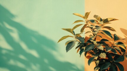 Poster - Tropical Minimalist Plant Against Colorful Wall with Space for Text and Shadows