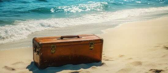 Leinwandbilder - Tropical beach scene with suitcase on sandy shore, waves and sunlight creating a serene travel holiday atmosphere with space for text.
