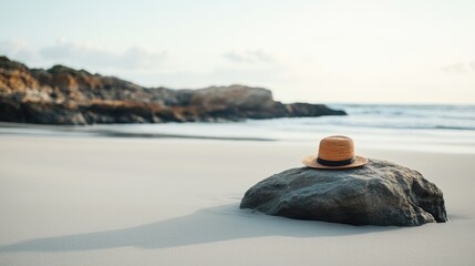 Poster - Tranquil Beach Scene with Straw Hat on Rock and Empty Space for Text and Relaxation Concepts