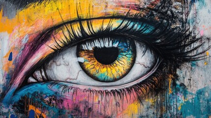 Leinwandbilder - Vibrant and expressive charcoal drawing showcasing a detailed open eye with striking colors and artistic flair.