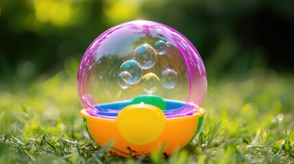 Fototapete - Colorful bubble toy surrounded by greenery creating a playful atmosphere with a soft focus background and floating bubbles.