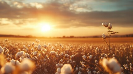 Wall Mural - cotton field at sunset illuminating fluffy bolls with dramatic sky and warm light in an expansive la