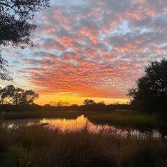 Poster - Sunrise Reflection Over Tranquil Waters with Scenic Clouds and Open Space for Wellness and Outdoor Lifestyle Messaging