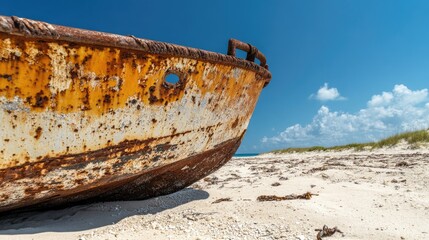 Poster - Rusty abandoned boat on sandy beach under clear blue sky tropical island scenery ideal for summer vacation and travel inspiration background