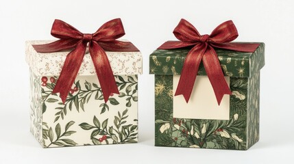 Aufkleber - Elegant holiday gift boxes adorned with festive red and green bows against a clean background for seasonal celebrations and gifting occasions.