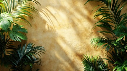 Fototapete - Top view of lush green palm leaves framing a textured yellow wall creating a natural backdrop with space for text or graphics