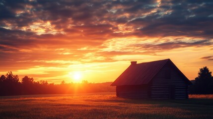 Wall Mural - cozy rustic sunset over a cottage roof with warm colors and empty sky ideal for inviting home and na