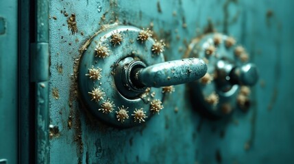 Poster - Close up view of a weathered door showing significant rust and aged texture details