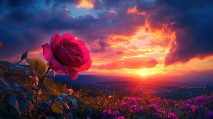 Wall Mural - twilight sunset with vibrant colors and rose in foreground scenic landscape perfect for text overlay