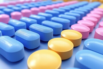 A close-up view of colorful pills arranged in rows. The image features blue, pink, and yellow capsules, showcasing a vibrant and organized display of medication. 3d rendering cute.