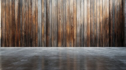 Wall Mural - Empty spacious room with a polished cement floor and rustic wooden wall ideal for presentations or minimalist designs.