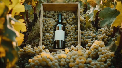 Wall Mural - Wine bottle with fresh grapes in a wooden box surrounded by lush vineyards during grape harvesting season