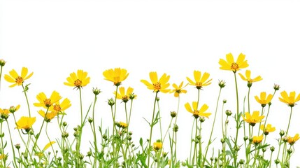 Wall Mural - Vibrant Yellow Meadow Flowers Flourishing in Green Grass Against a Bright White Background Ideal for Nature and Floral Conceptual Themes