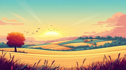 Wall Mural - serene countryside landscape at sunset with vibrant fields and calm sky perfect for nature and trave