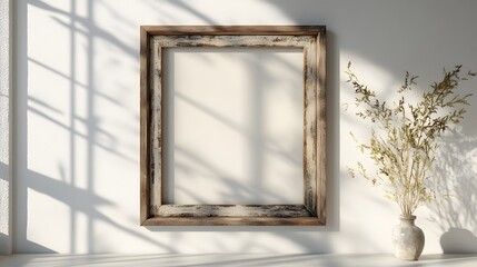 Poster - A peaceful and serene minimalist interior space with warm natural light streaming through a wooden frame window creating a cozy and inviting atmosphere