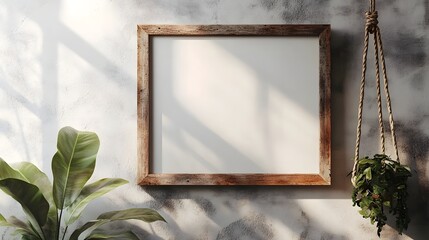 Poster - A rustic wooden framed wall hanging with lush green botanical plants and vines cascading against a warm natural light backdrop  The minimalist cozy and serene setup creates a tranquil