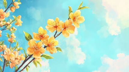 Wall Mural - Vibrant Yellow Peach Blossoms on Branch Against Bright Sunny Blue Sky with Soft Clouds and Ample Text Space for Creative Concepts