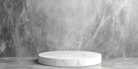 Round white podium on abstract grey marble background creating a stylish product display with ample empty space for text and visuals.