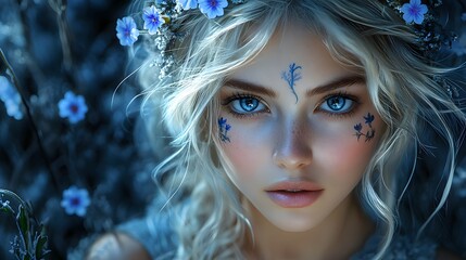 Wall Mural - Airbrush hyperrealistic rendering of a young woman with glowing blonde hair and cornflower tattoos adorned with a floral headband set in an enchanting dark fractal landscape