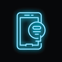 Wall Mural - bright blue neon icon of a smartphone with a document symbol on a black background