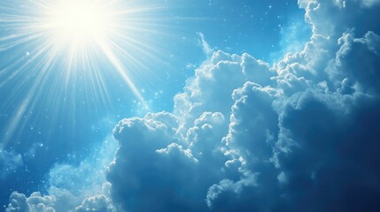 Wall Mural - cosmic light breaking through clouds in a blue sky illuminating the atmosphere with a serene and eth