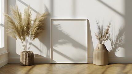Poster - Cozy and serene minimal interior design featuring natural plant decor warm lighting and wooden accents  The tranquil and elegant atmosphere creates a calming and inviting ambiance