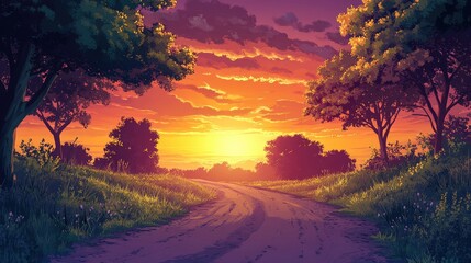 Wall Mural - tranquil countryside dirt road under vibrant sunset with lush green trees creating a serene rural at